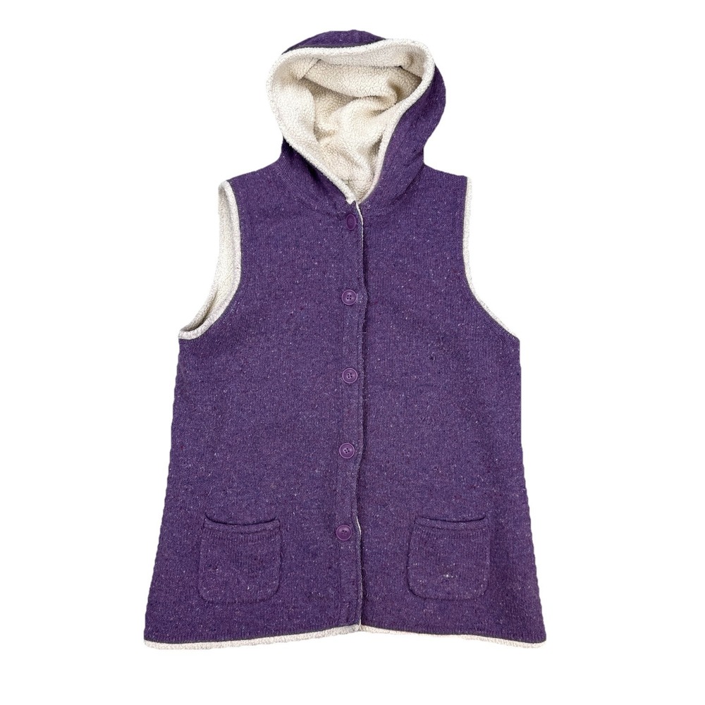 LL Bean Vest Women's Large Purple Speck ‎ Hooded Lambswool Blend Sherpa Lined